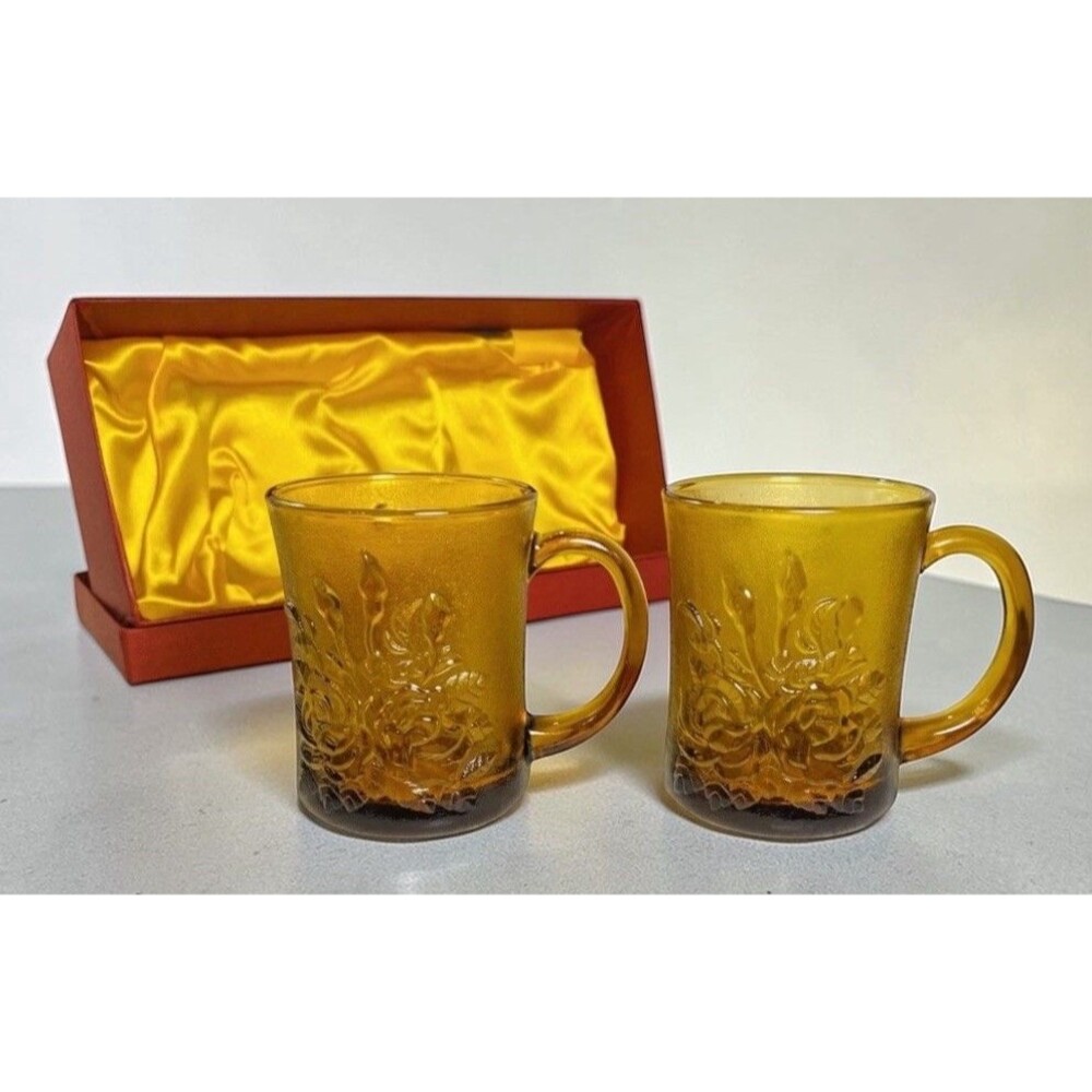 Amber Glass Mug Set Vintage Rose Floral Indonesia GB1199 w Gift Box